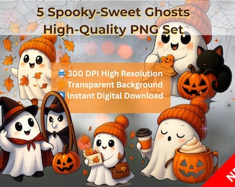 Spooky Sweet Ghosts PNG Bundle: Halloween Clipart, Fall Crafts (Instant Download