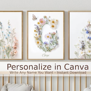 Floral Letter G Wall Art – Custom Name Printable – Editable Canva Template – Nursery or Home Decor – Instant Download