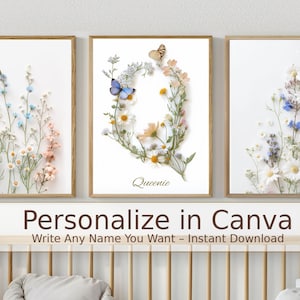 Floral Letter Q Wall Art – Custom Name Printable – Editable Canva Template – Nursery or Home Decor – Instant Download