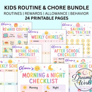 May include: A Kids Routine & Chore Bundle featuring 24 printable pages with pastel-colored graphics. The set includes checklists for morning, night, before and after school, weekly chores, reward coupons, and a savings goal tracker by Olivia's.