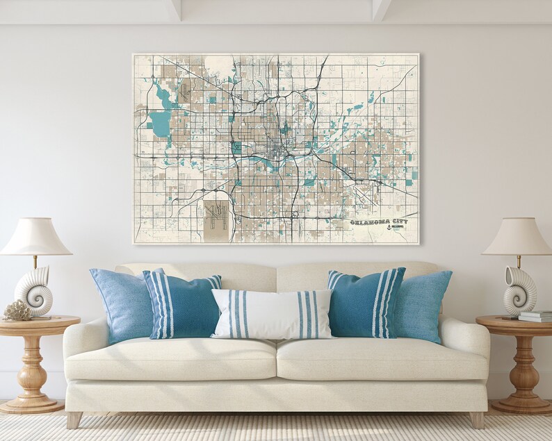 OKLAHOMA CITY Oklahoma Rolled Canvas City Map Poster Soft Vintage Colors Beige and Turquoise Large Panoramic Wall Art  OKC art
