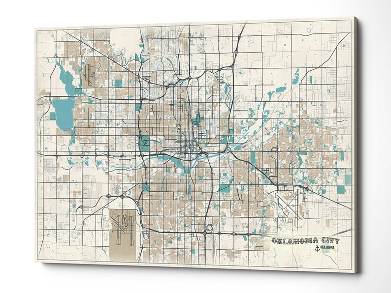 OKLAHOMA CITY Oklahoma Rolled Canvas City Map Poster Soft Vintage Colors Beige and Turquoise Large Panoramic Wall Art OKC art