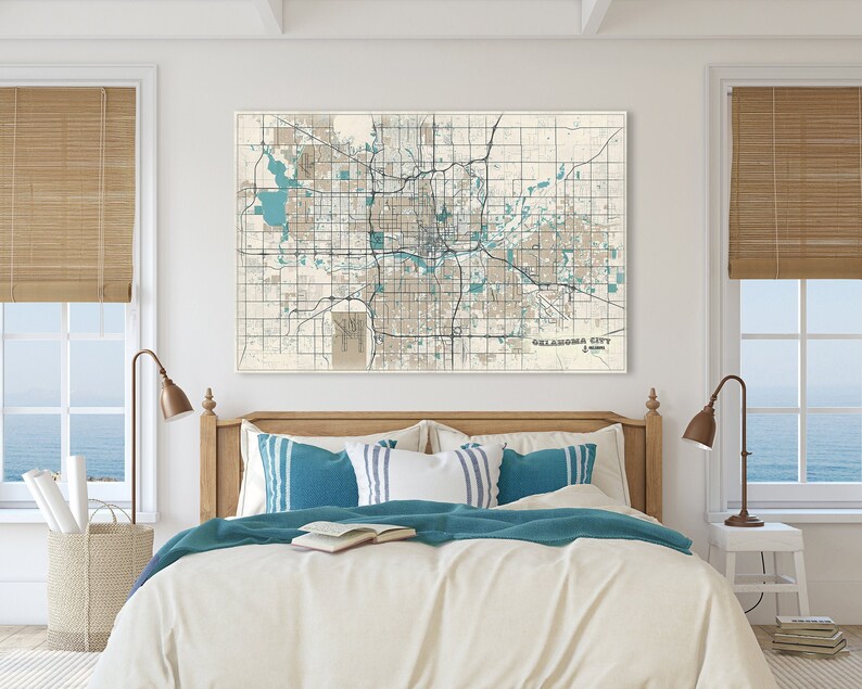 OKLAHOMA CITY Oklahoma Rolled Canvas City Map Poster Soft Vintage Colors Beige and Turquoise Large Panoramic Wall Art OKC art