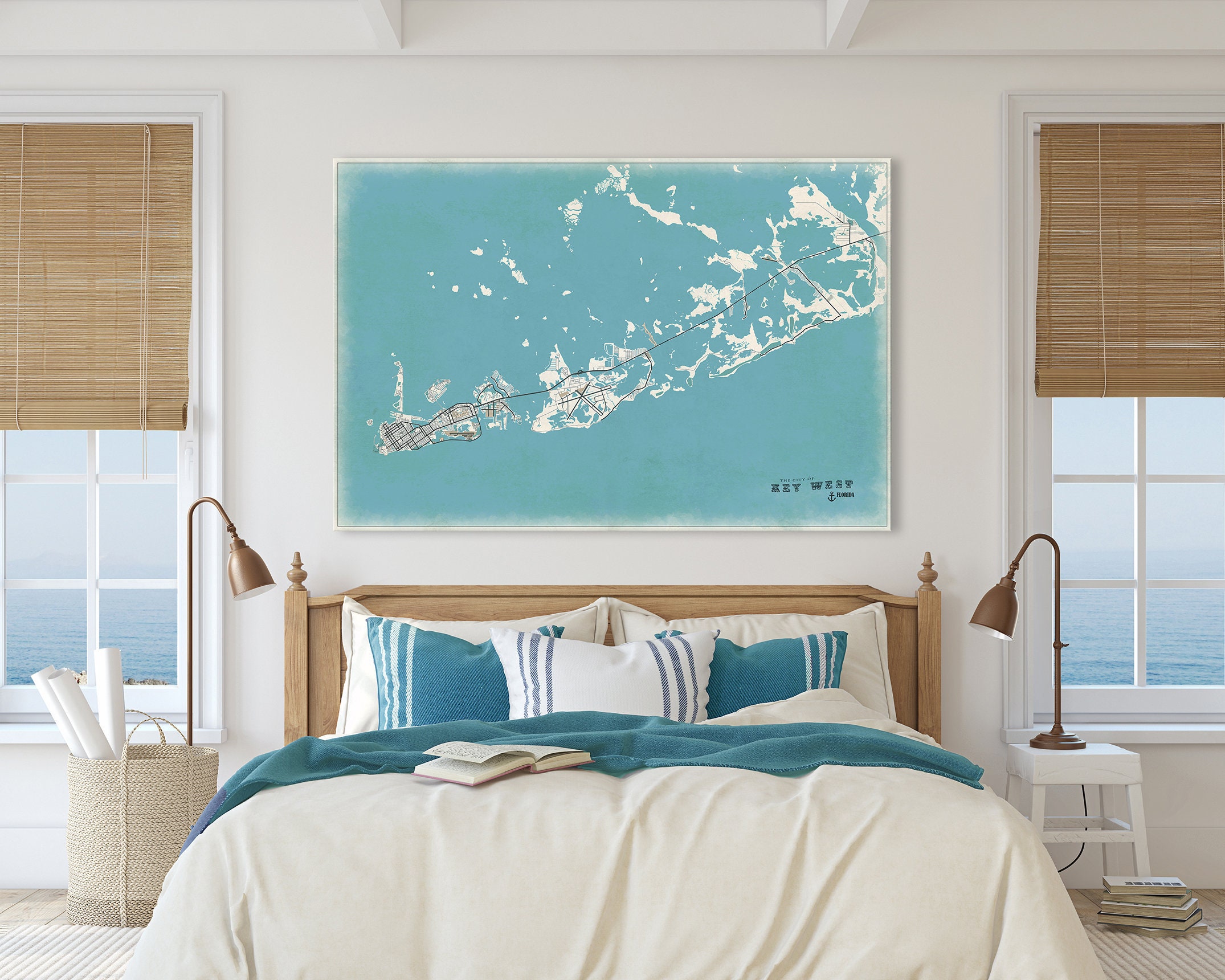 KEY WEST Florida Rolled Canvas City Map Soft Vintage Colors Etsy