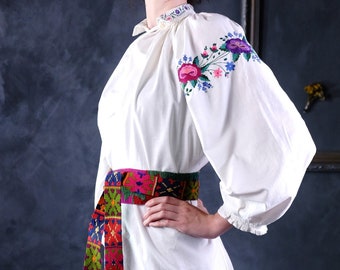 Cotton dress Nice saturated color Antique woman clothing Handmade Embroidered vyshyvanka Antique wear Antique BLUE embroidered dress
