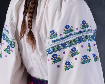 Blue tambour embroidery Lovely feminine dress Beautiful floral pattern Ukrainian costume Ukrainian folk clothes Rustic dress Floral dress