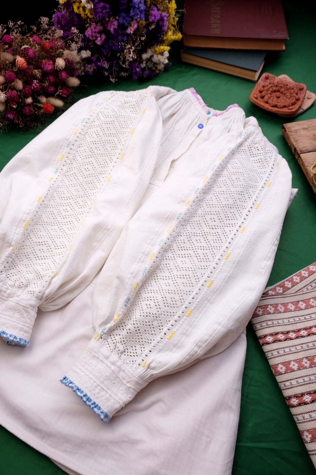 Antique Romanian Linen Blouse: Embroidered Traditional Shirt (XXS