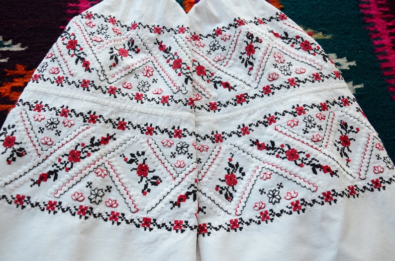 Vintage fashion Old Ukrainian dress Boho style Folk short shirt Geometry and floral pattern Beautiful embroidery Antique woman clothing