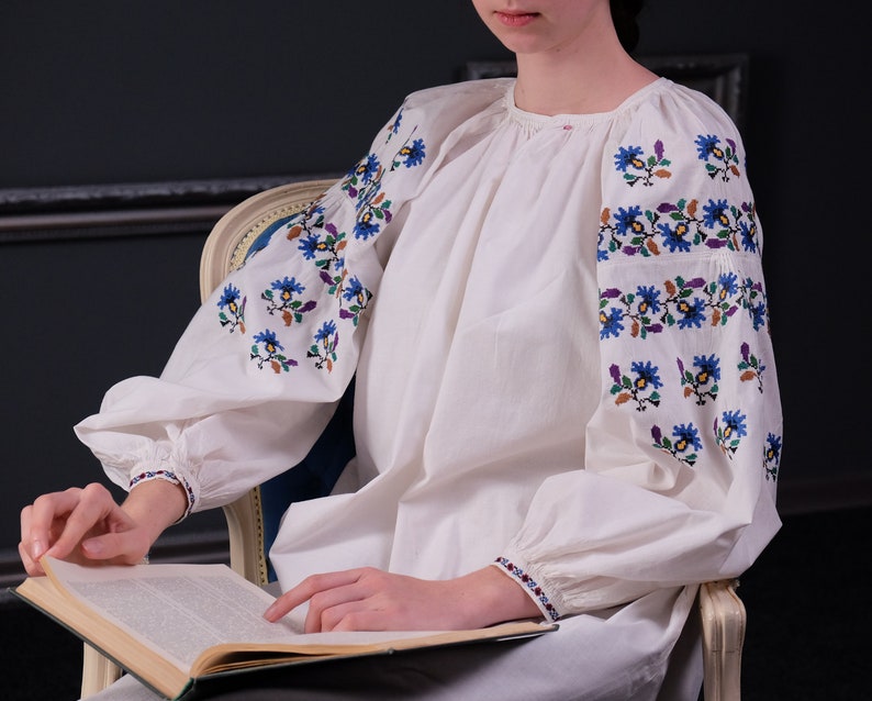 Cotton dress Nice saturated color Antique woman clothing Handmade Embroidered vyshyvanka Antique wear Antique BLUE embroidered dress