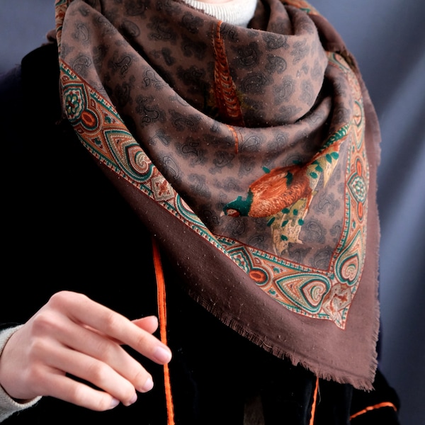 Antique cotton shawl Parrot pattern shawl Interesting antique shawl Vintage Ukrainian shawl USSR scarf Vintage scarf