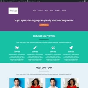 May include: A website landing page template with a purple header, teal sections, and a pink footer. The design includes sections for services, team members, portfolio examples, testimonials, and a contact form. The website address is WebCodeDesigner.com.