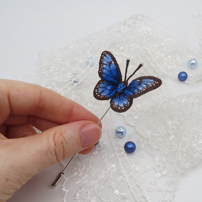 miniature. Jewelry gift textile insect Miniature brooch hand embroidery blue  butterfly botanical collection