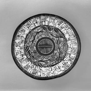 Sgraffito Shallow Bowl; Carved Black & White Textured Radial Leaf Design