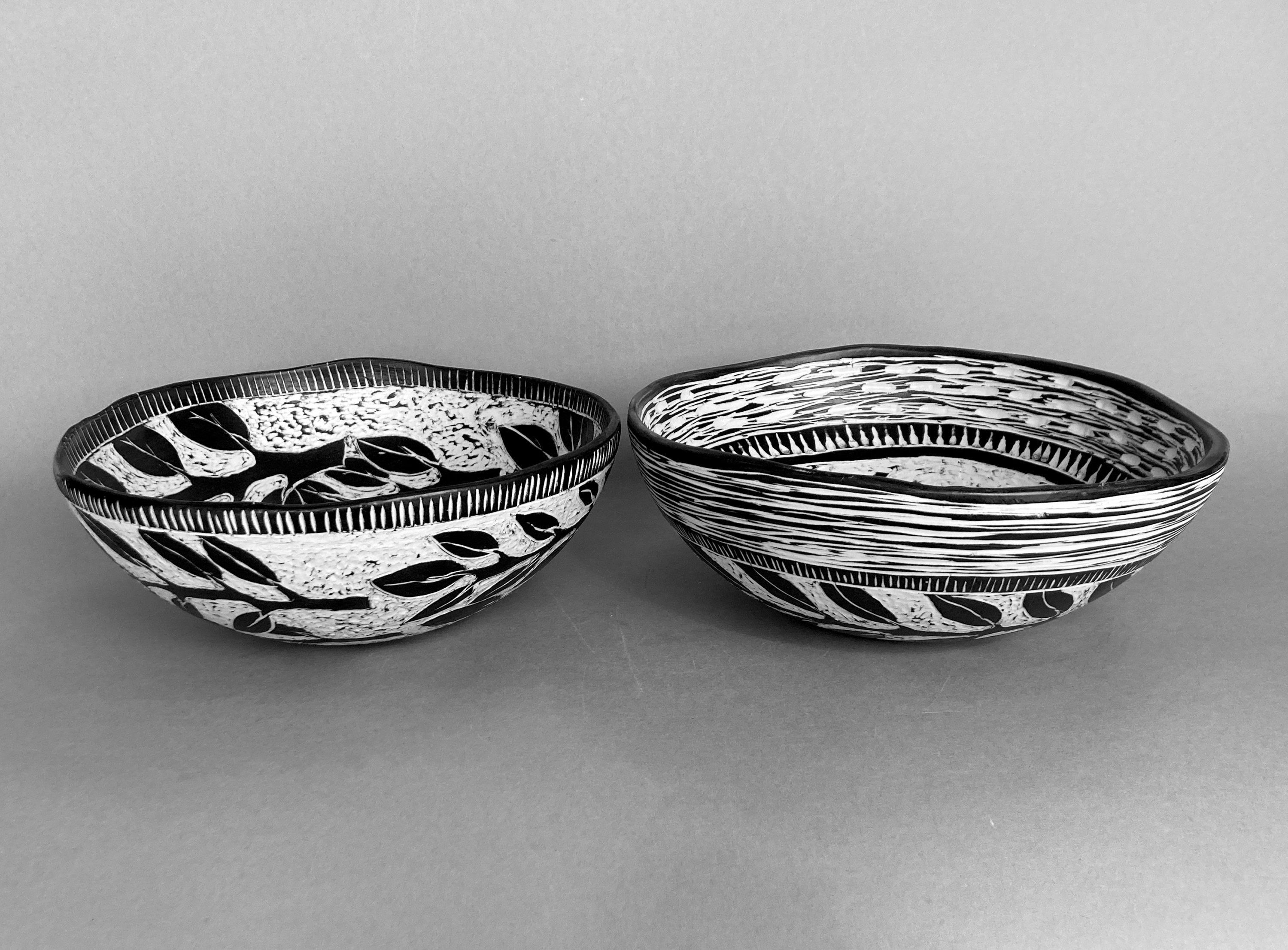 Sgraffito Ceramic Bowl With Carved Black and White Coneflower Etsy