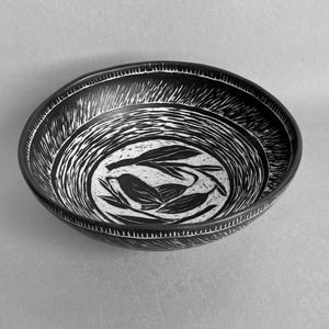 Ceramic Bowl with a Sgraffito Black and White Carved Design of Pods and Leaves