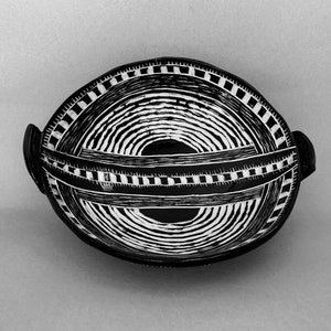 Sgraffito Black and White Bowl with Carved Design and Little Handles