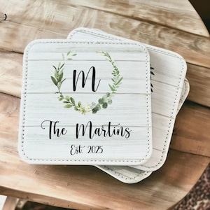 Personalized Coasters, Family Last Name Coasters with Established Date, Bridal Gift, Wedding Gift, Anniversary, Eucalyptus Wreath
