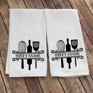 Dish Towel with Kitchen Utensils and Name Name Kitchen Towel Custom Tea Towel Kitchen Decor Personalized Gift Spatula Whisk image 1