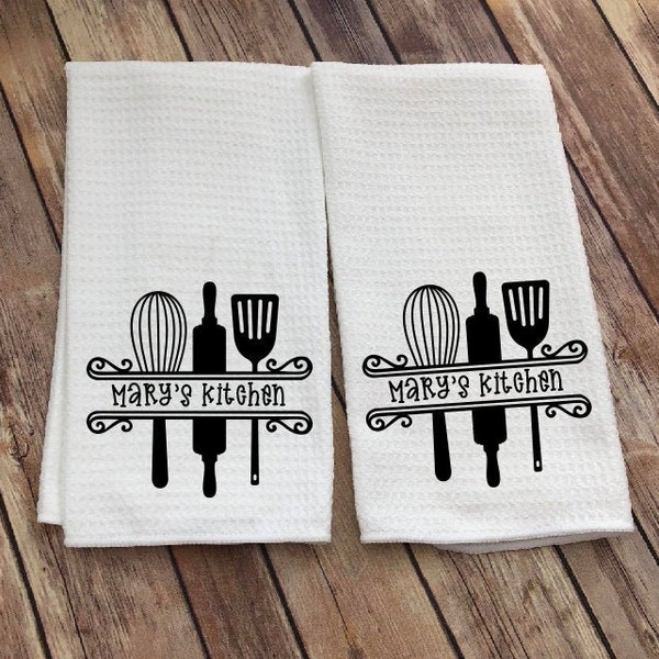 Dish Towel with Kitchen Utensils and Name - Name Kitchen Towel - Custom Tea Towel - Kitchen Decor - Personalized  Gift - Spatula - Whisk