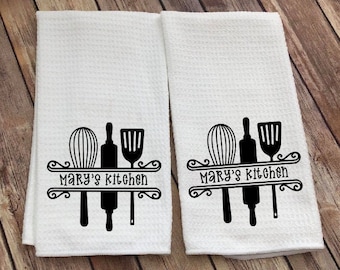 Dish Towel with Kitchen Utensils and Name - Name Kitchen Towel - Custom Tea Towel - Kitchen Decor - Personalized  Gift - Spatula - Whisk