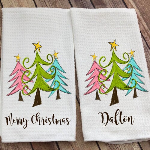 Personalized Christmas Tree Dish Towel Christmas Kitchen Etsy