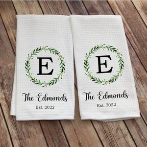 Personalized Dish Towel Family Name Kitchen Towel Established Year Laurel Wreath Custom Tea Towel Couple Gift Wedding Gift image 8