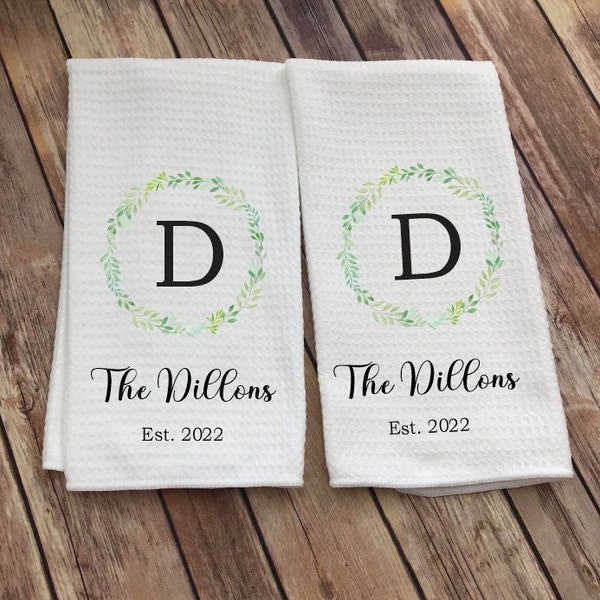 Personalized Dish Towel - Family Name Kitchen Towel - Established Year - Tea Towel - Watercolor Laurel Wreath - Couple Gift - Wedding Gift