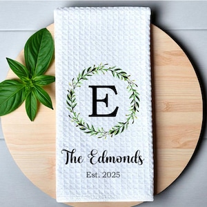 Personalized Dish Towel for Couples  Kitchen Towel with Last Name  Monogrammed Initial  Wedding Date  Green Floral Wreath  Bridal Gift