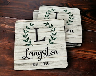 Set of Four or Six Personalized Coasters - Family Name Coasters - Established Date - Bridal Shower Gift - Wedding Gift - Rubber Bottom