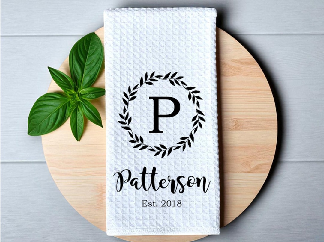 Personalized Dish Towel for Wedding Gift Kitchen Towel with Last Name and Est Year Bridal Shower Gift Personalized Gift for Couples - Set of Two, Black
