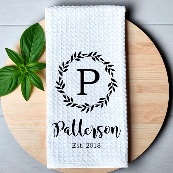 Personalized Dish Towel for Wedding Gift Kitchen Towel with Last Name and Est Year Bridal Shower Gift Personalized Gift for Couples