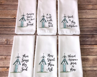 Church Hymn Tea Towel - Easter Decor - Dish Towel -  Spiritual Decor - Hostess Gift - How Great Thou Art - Amazing Grace - Kitchen Towel