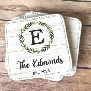 Personalized Coasters with Wreath and Name, for Couple Wedding or Bridal Shower Gift, Last Name Coasters with Established Date, Mug Coasters