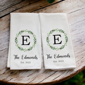 Personalized Dish Towel Family Name Kitchen Towel Established Year Laurel Wreath Custom Tea Towel Couple Gift Wedding Gift image 1