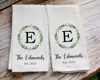 Personalized Dish Towel - Family Name Kitchen Towel - Established Year - Laurel Wreath- Custom Tea Towel - Couple Gift - Wedding Gift