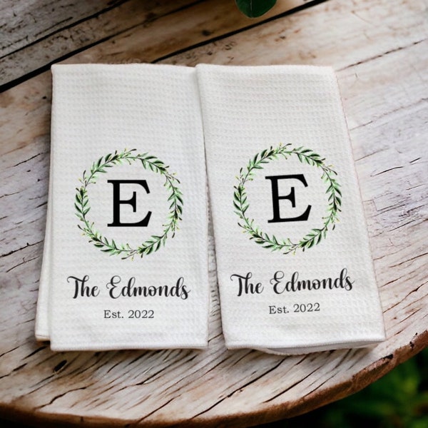 Personalized Dish Towel - Family Name Kitchen Towel - Established Year - Laurel Wreath- Custom Tea Towel - Couple Gift - Wedding Gift