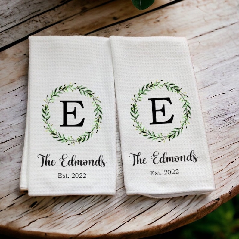 Personalized Dish Towel Family Name Kitchen Towel Established Year Laurel Wreath Custom Tea Towel Couple Gift Wedding Gift image 1