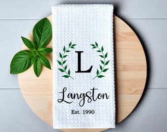 Personalized Dish Towel  Family Name with Wreath Kitchen Towel  Established Year  Custom Tea Towel  Kitchen Decor  Bridal Shower Gift