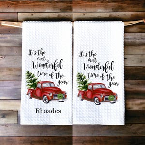 Red Truck Christmas Dish Towel  Christmas Kitchen Towel  Christmas Decor   Personalized Christmas Tea Towel  Holiday Decor  Family Name