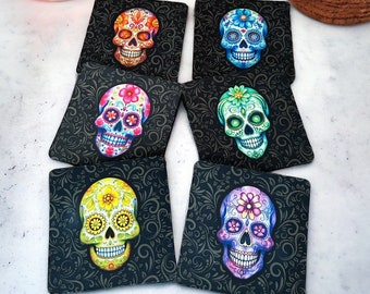 Sugar Skull Coasters - Singles or Mix and Match Sets - Colorful Skulls- Mardi Gras - Day of the Dead - Mug Coaster - Rubber Bottom