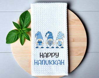 Happy Hanukkah Kitchen Towel  Gnomes Dish Towel  Jewish Holiday Fun Decorating  Tea Towel  Jewish Decor  Chanukkah