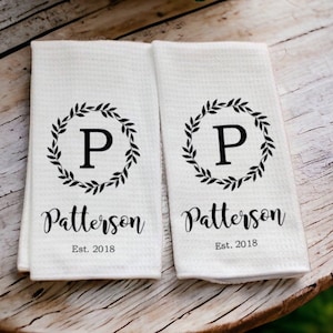 Personalized Dish Towel Family Name Kitchen Towel Established Year Custom Tea Towel Kitchen Decor New Couple Gift Wedding Gift image 1