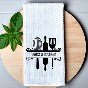 Dish Towel with Kitchen Utensils and Name  Name Kitchen Towel  Custom Tea Towel  Kitchen Decor  Personalized  Gift  Spatula - Whisk