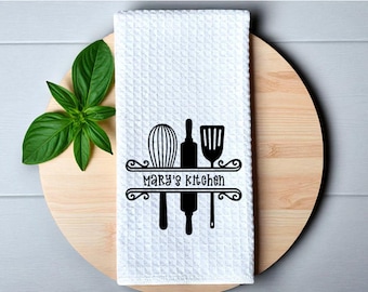 Dish Towel with Kitchen Utensils and Name  Name Kitchen Towel  Custom Tea Towel  Kitchen Decor  Personalized  Gift  Spatula - Whisk