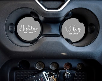 Hubby and Wifey Car Coasters - Set of 2 - Rubber Bottom Car Coaster - Est year gift for New Couple - Wedding Gift - Bridal Shower Gift -Bosh