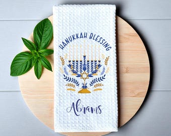 Hanukkah Blessing Dish Towel with Personalized Name  Jewish Family Name  Custom Tea Towel  Hanukkah Decor  Jewish Holiday  Menorah