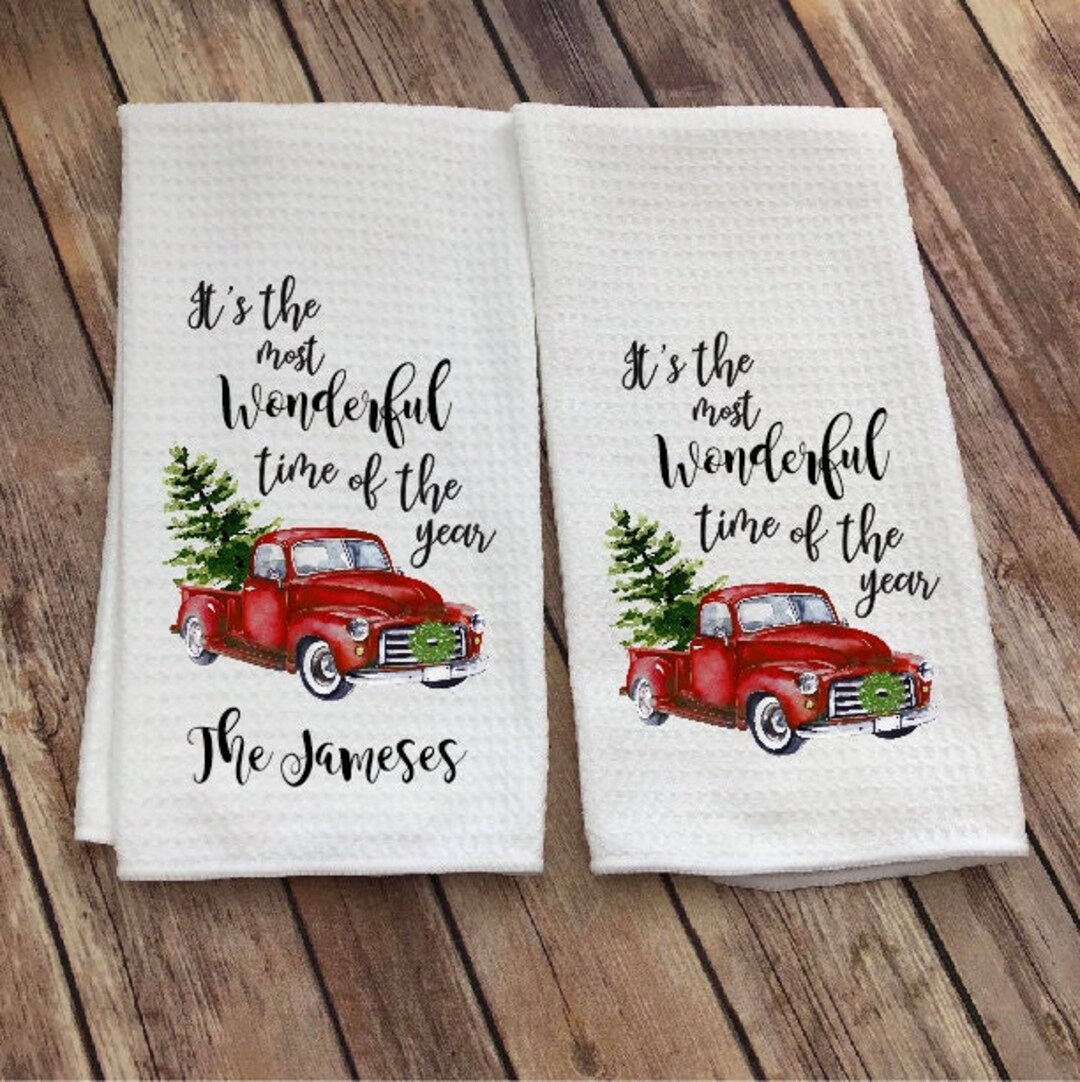 Red Truck Christmas Dish Towel Christmas Kitchen Towel Cursive Name