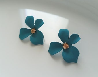 Deep Blue Green Flower Stud Earrings-  gifts for her - summer earrings