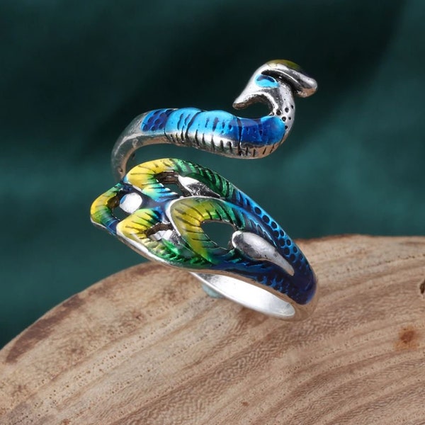 Peacock Ring, Vintage Art Deco Ring, Antique Silver Bird Ring, Silver Boho Ring