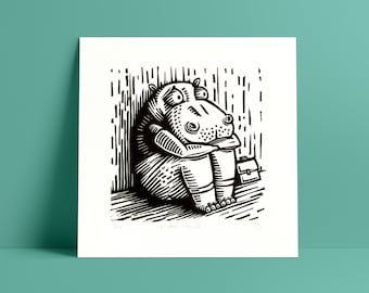 Linocut animal hippopotamus - Black and white poster - 20 x 20 cm